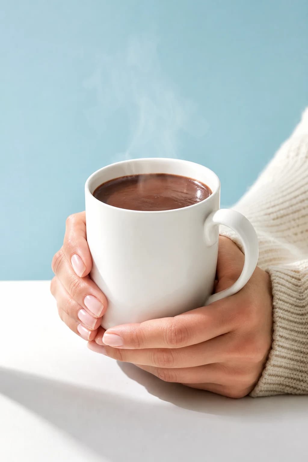 Hands cradling a warm mug of hot chocolate against a pale blue wall